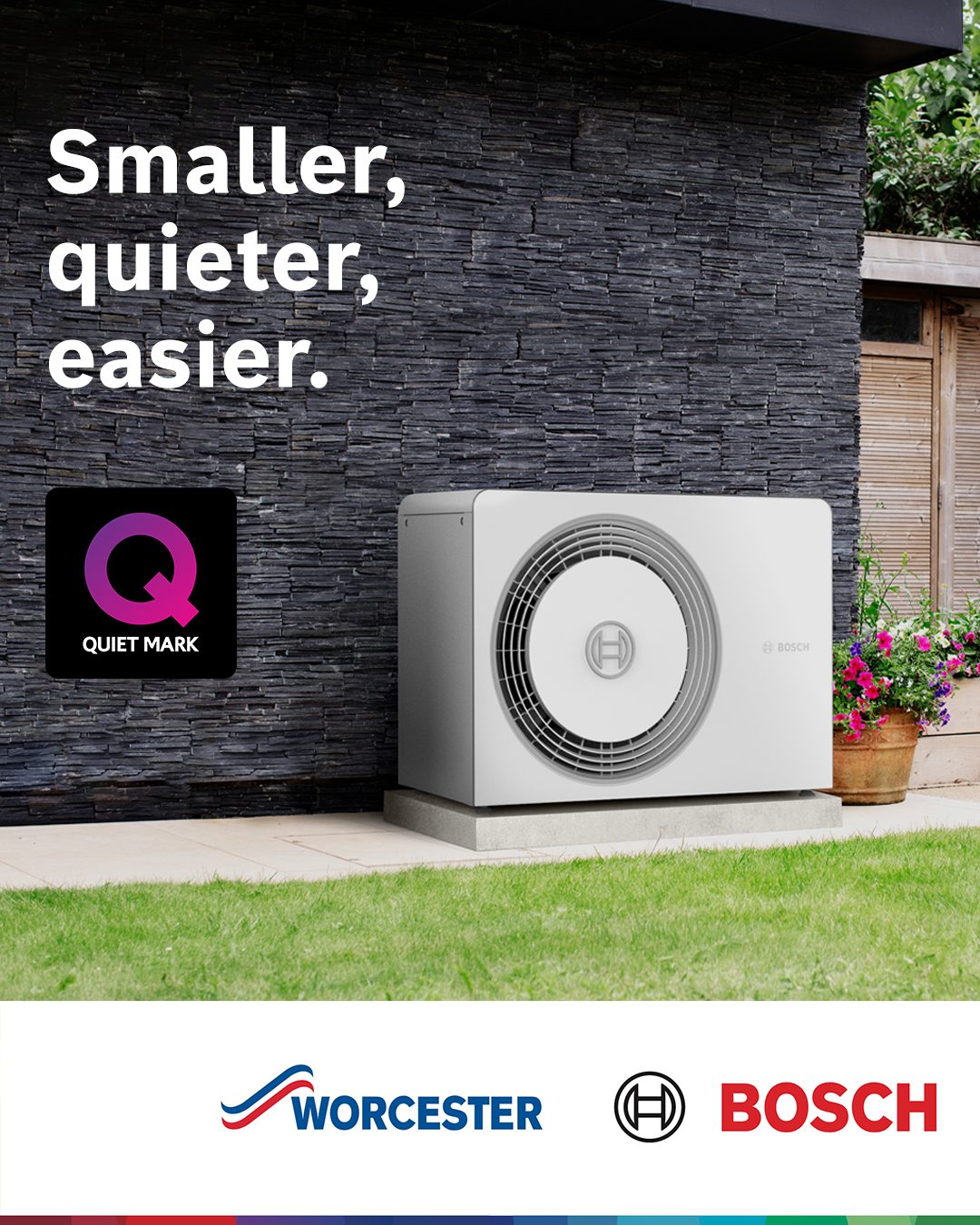 Worcester Bosch air source heat pump outside a modern home with Quiet Mark badge